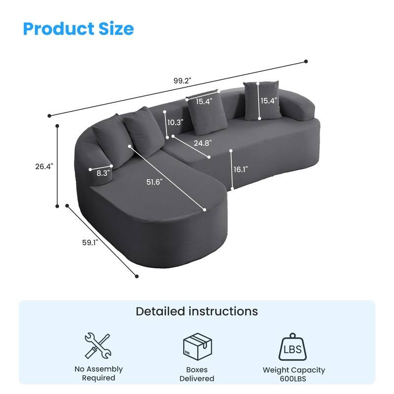 Mixoy 99inch Chenille L Shape Sectional Sofa with Curved Chaise,Modern Cloudy 3 Seater Sofa - 99.2''*59.1''*26.4''