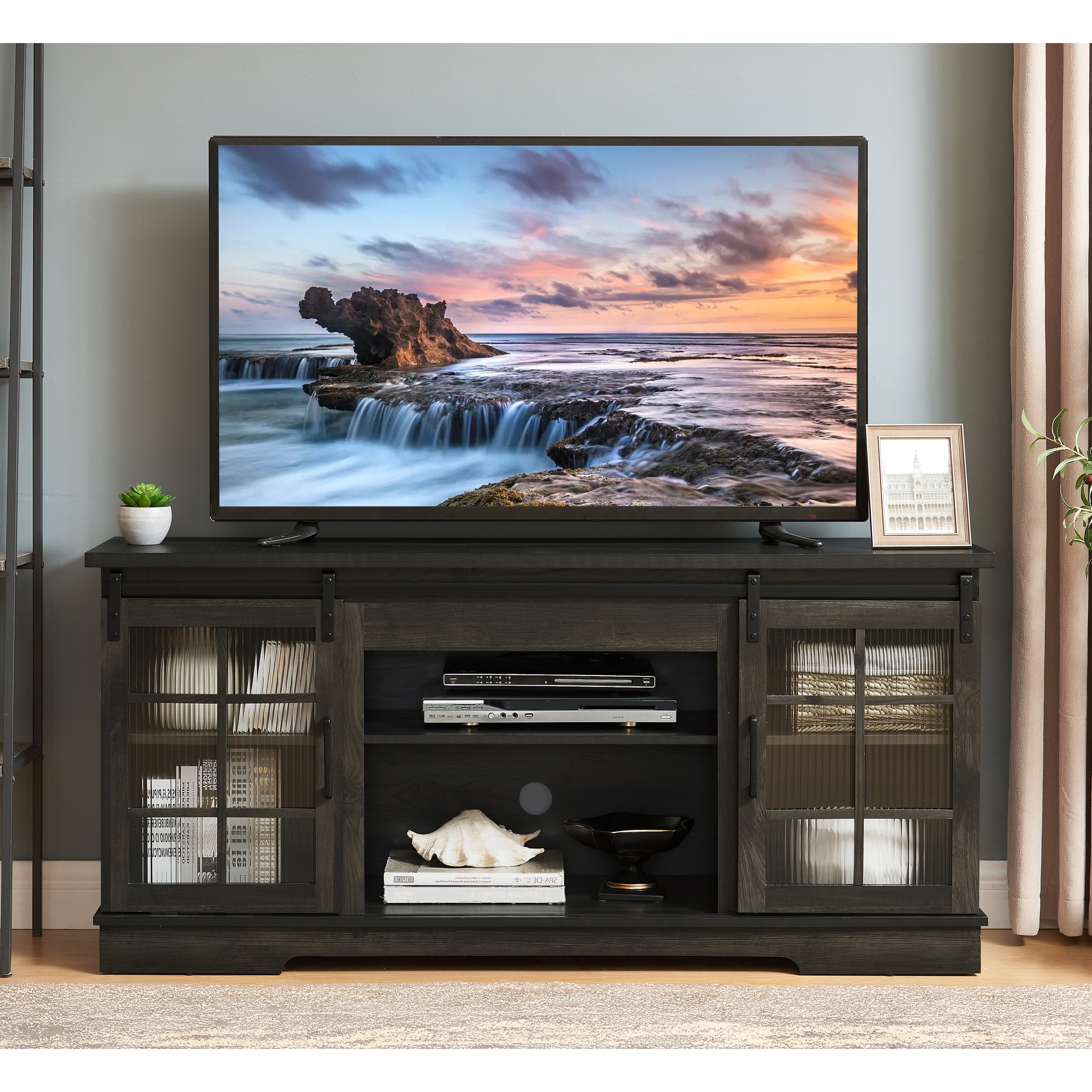 Farmhouse Sliding Door TV Cabinet with 2 Sliding Glass Doors & Adjustable Shelves, Media Console Table for TVs Up To 65"
