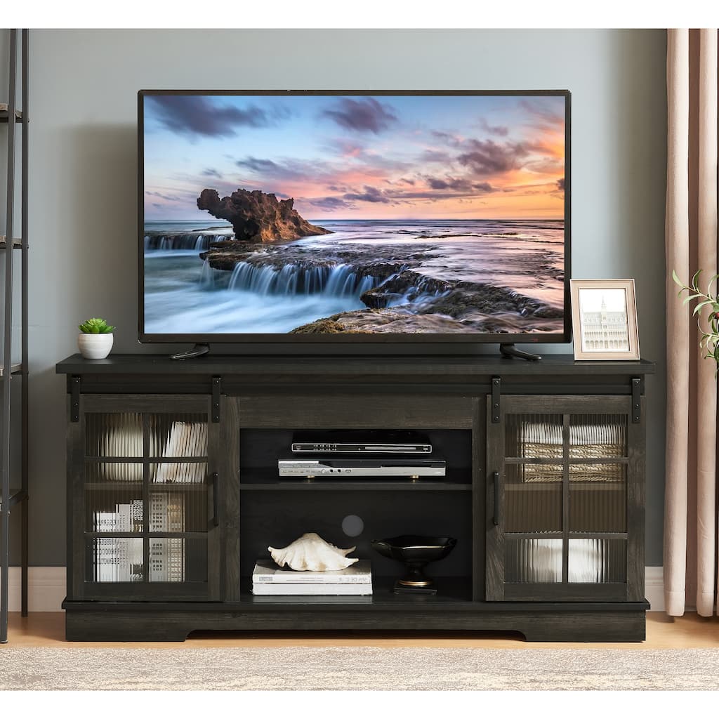 Multipurpose Sliding Door TV Stand Large Storage Cabinet with 2 Sliding Fluted Glass Tempered Doors, TV Up to 65"