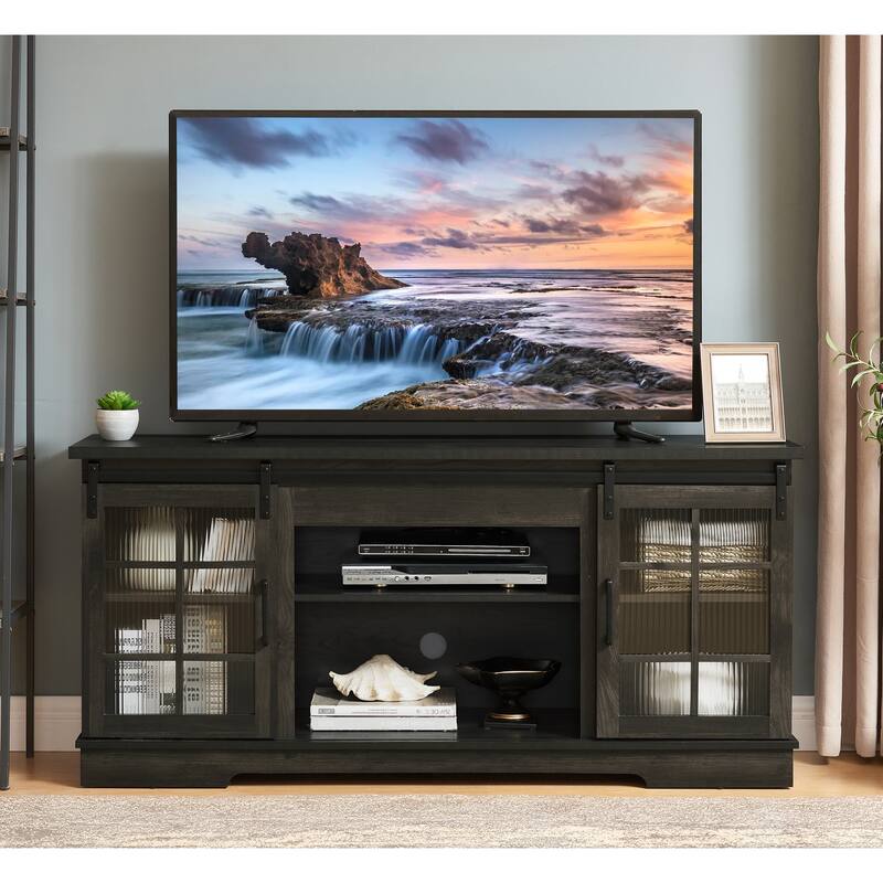 Multipurpose Sliding Door TV Stand Large Storage Cabinet with 2 Sliding Fluted Glass Tempered Doors, TV Up to 65'' - Charcoal grey