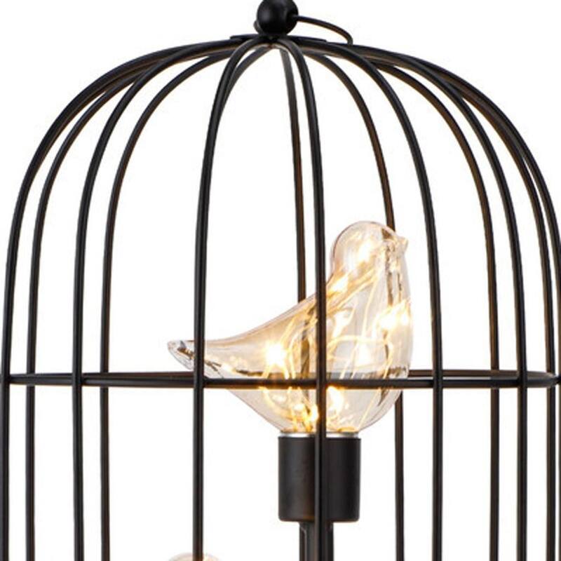 HomeRoots 12" Black Battery Operated Round Lamp With Bird Cage Shade - 7.00 in. x 12.00 in. x 7.00 in.