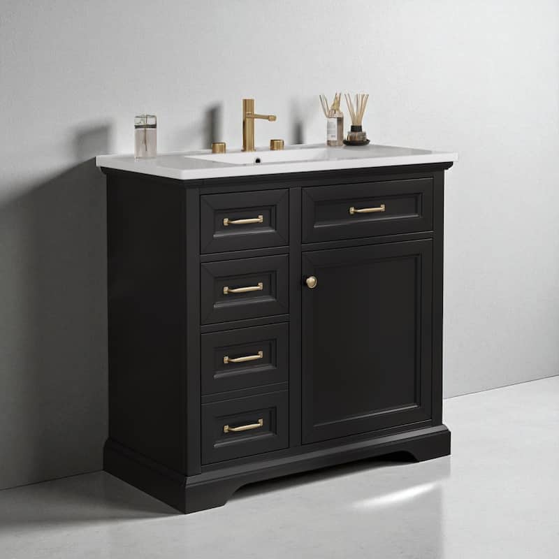 36" Bathroom Vanity with Ceramic Sink Top, 4 Drawers, 1 Soft-Close Door, Freestanding Storage Cabinet, 8" Faucet Ready - Black