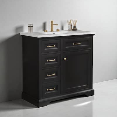 36" Bathroom Vanity with Ceramic Sink Top, 4 Drawers, 1 Soft-Close Door, Freestanding Storage Cabinet, 8" Faucet Ready