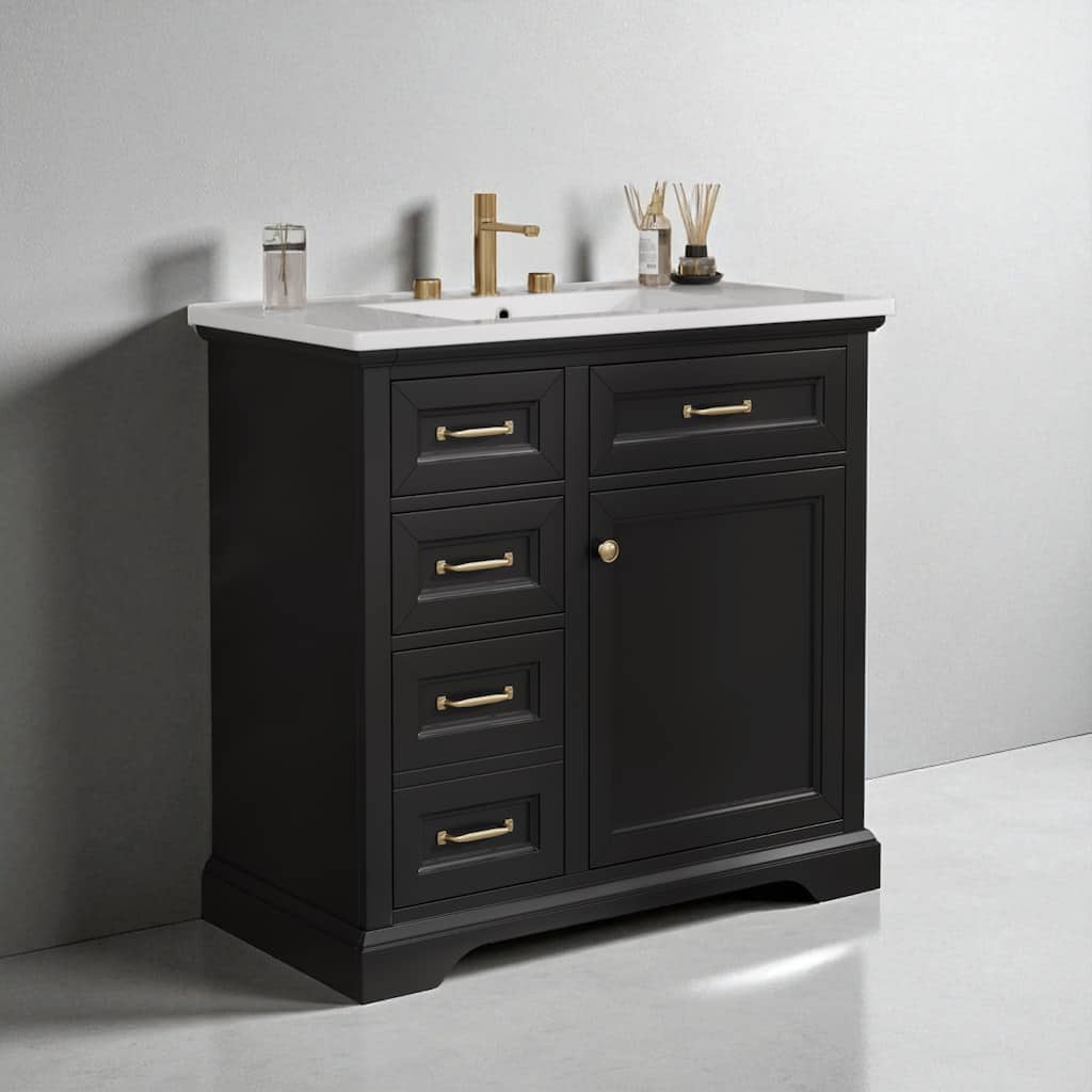 36" Bathroom Vanity with Ceramic Sink Top, 4 Drawers, 1 Soft-Close Door, Freestanding Storage Cabinet, 8" Faucet Ready
