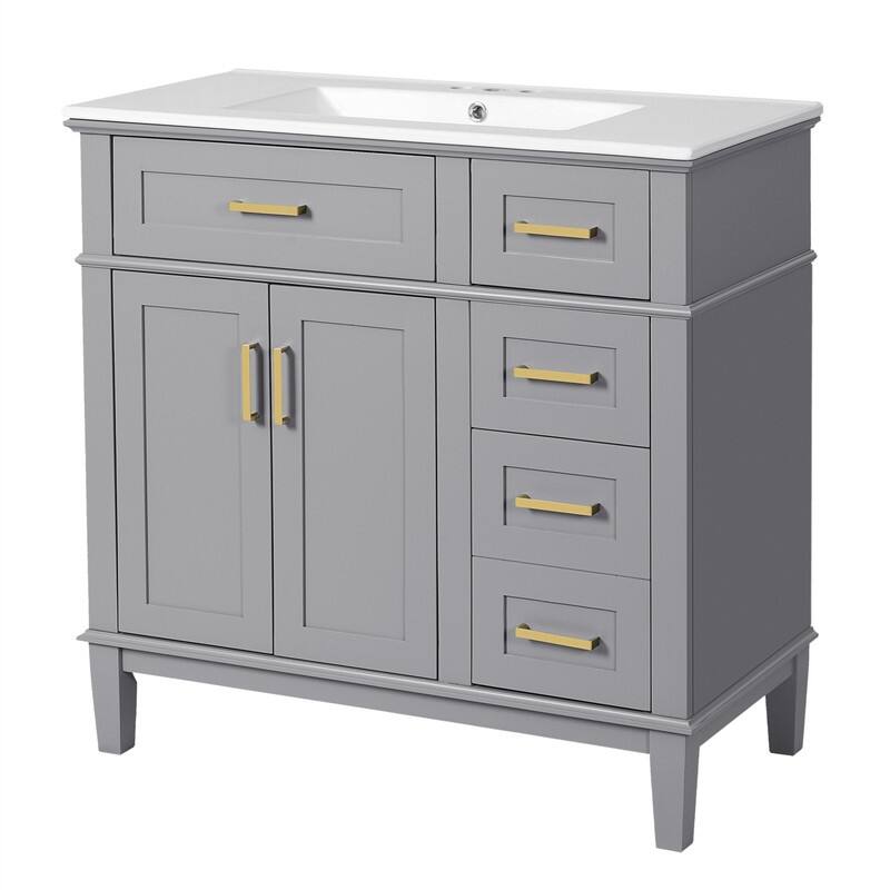 36" Bathroom Vanity with Ceramic Sink, Freestanding Bathroom Vanity Cabinet with 2 Soft Close Doors and 4 Storage Drawers