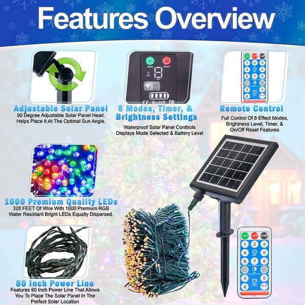 5 Star Deals Solar Christmas Tree Outdoor Lights 1000 LED 364ft RGB Multicolor Waterproof String Lights with Remote Timer 8 Modes Multi