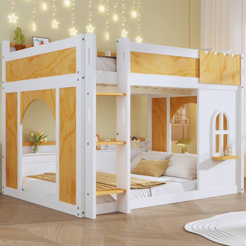 Kids Wooden Bunk Bed with Built-in Storage Shelves, Playful Window and 2 Doors