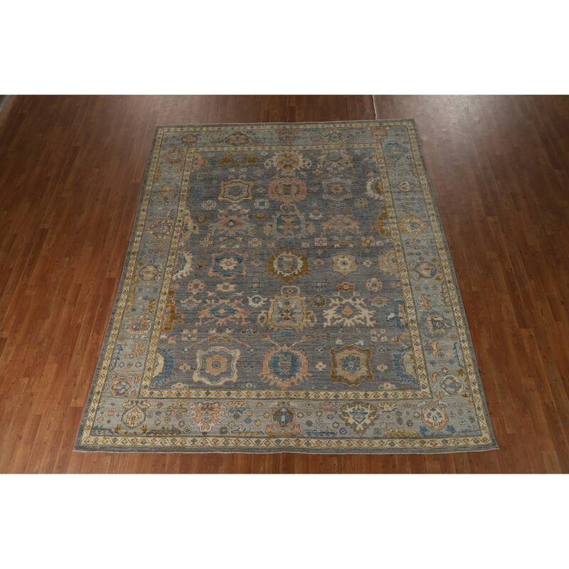 Hand Knotted Oriental 100% Wool Carpet Transitional All-Over Navy Blue & Blues Oushak Area Rug - 9' 11'' X 8' 1''