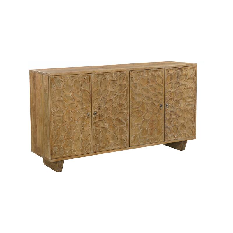 HomeRoots 70" Brown Distressed Solid Wood Carved Floral Sideboard with Four Doors - 70.00 in. x 38.00 in. x 18.00 in.