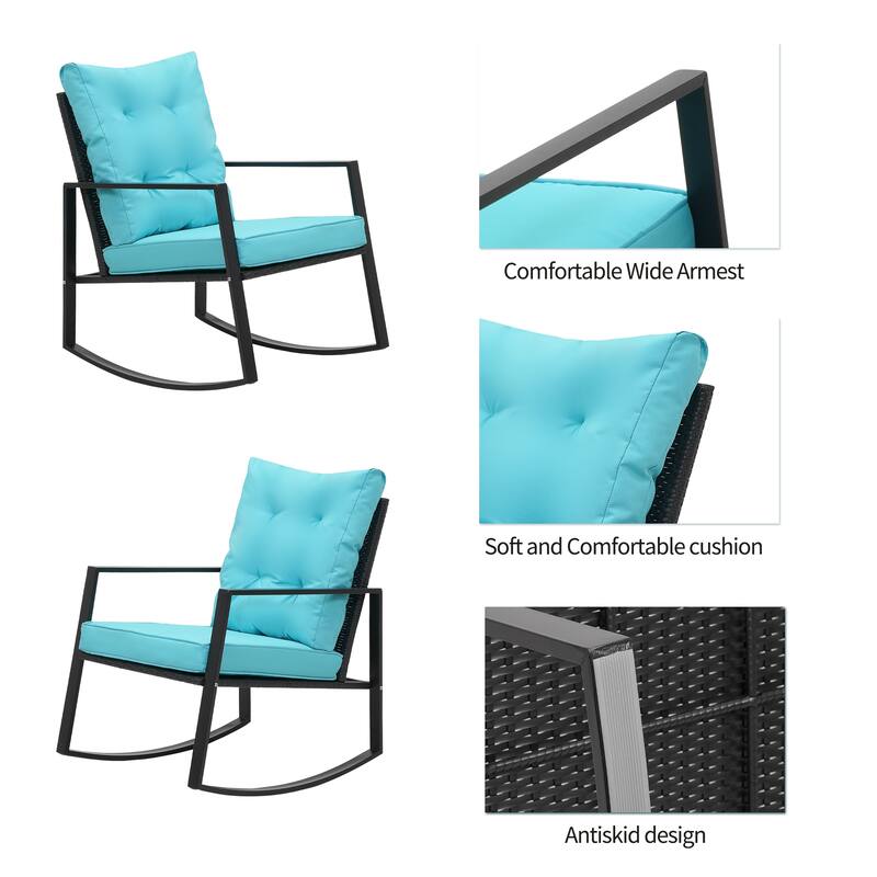 3 Pieces Rocking Wicker Bistro Set,Outdoor Patio Chairs w/ Coffee Table