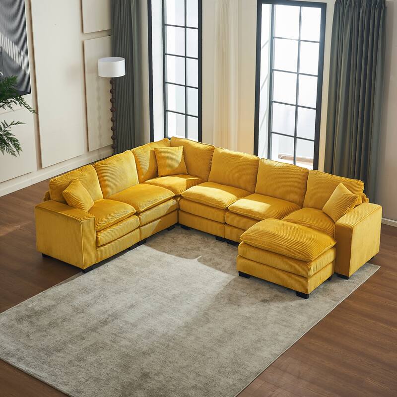 Modular Sectional Sofa for Living Room, U Shaped Sofa Couch with Ottoman and Three Toss Pillows, Corduroy Fabric Sofa Set