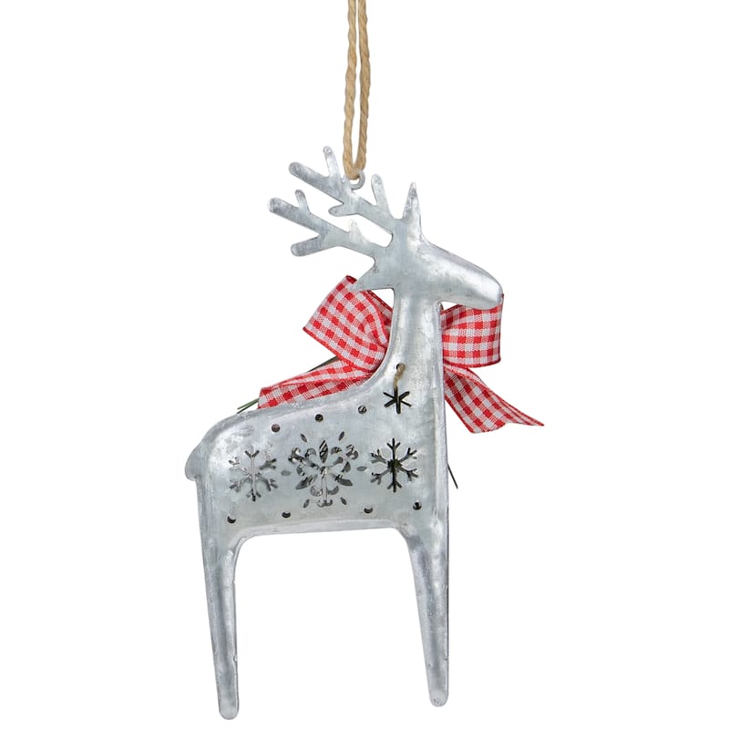 6" Silver Metal Reindeer Christmas Ornament a Red Gingham Bowtie Pine