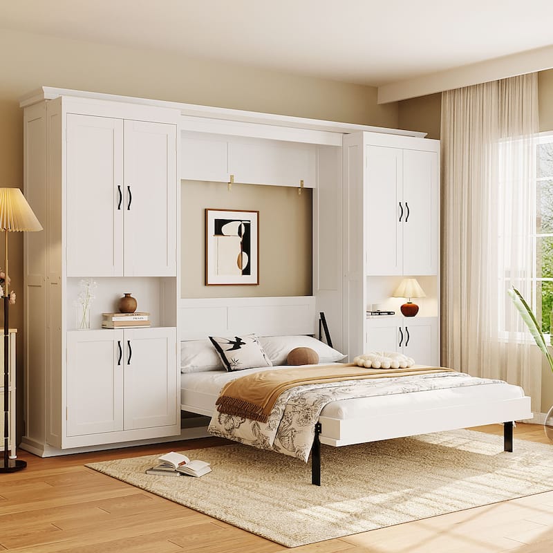 Hidden Hydraulic Lift Wall Bed Queen Murphy Bed with Dual Sliding Storage Cabinets, Side Shelves and Reinforced Metal Frame
