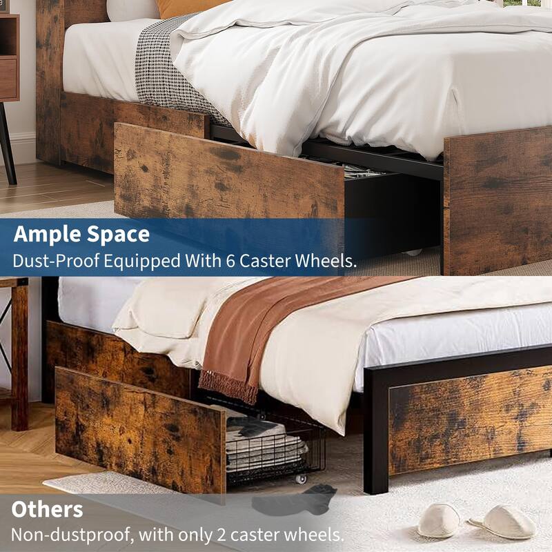 Full/Queen Bed Frame with Tall Bookcase Headboard & 4 Storage Drawers - Platform Bed with Charging Station