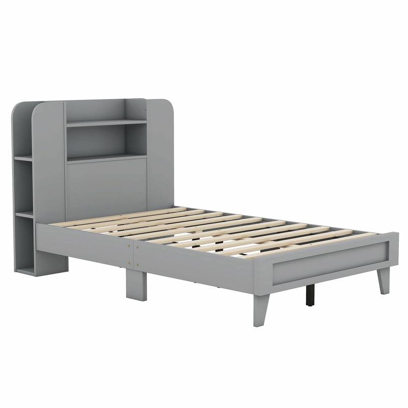 Platform Bed with Storage Headboard, Multiple Shelves on Both Sides