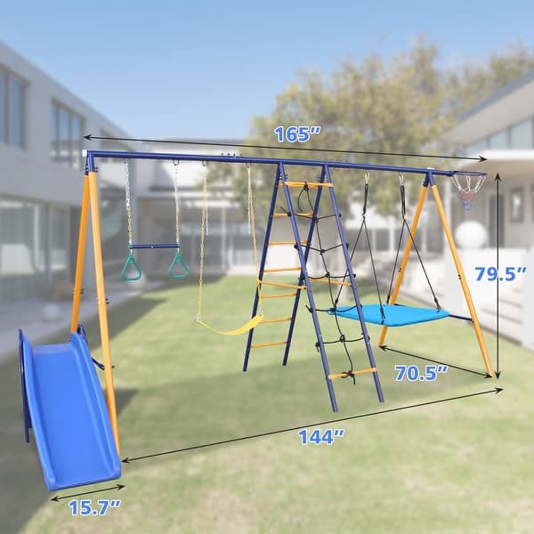 500 lbs 7 in 1 Swing Set for Kids Backyard Outdoor A-Frame Heavy-Duty Metal Swing Sets with Slide - Multicolor