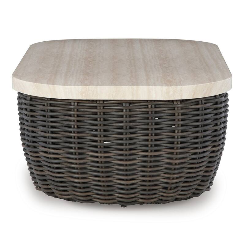 Kimo Outdoor Cocktail Coffee Table, Brown Wicker Details, 50 Inch