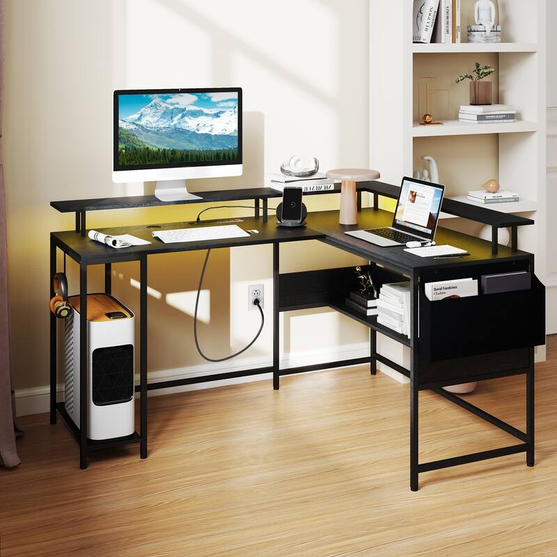 Gymax L-Shaped Gaming Desk w/ LED Lights & Power Outlets Monitor Stand