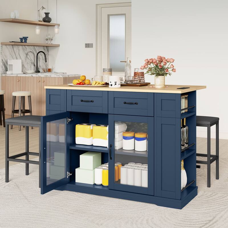 Moasis 47 Inch Mobile Storage Kitchen Island with 2 Seating,Rolling Islands Table with Power Outlet - Blue