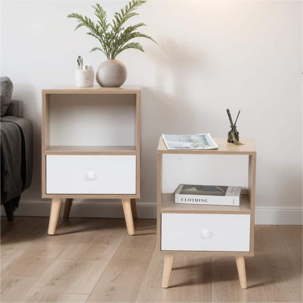 Wood Nightstand with Drawer and Shelf (Set of 2)