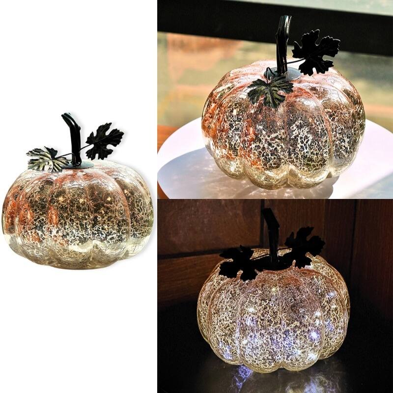 Mercury Glass Pumpkin Lights with Timer – Fall Halloween Table Decorations for Home & Thanksgiving Decor - PK2402P