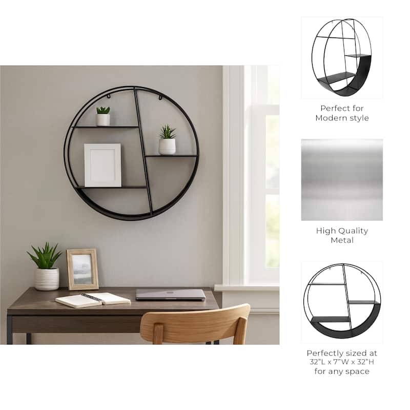 Metal Round Frame and Tiered Open Wall Shelf - Black, 32" - 32.0"