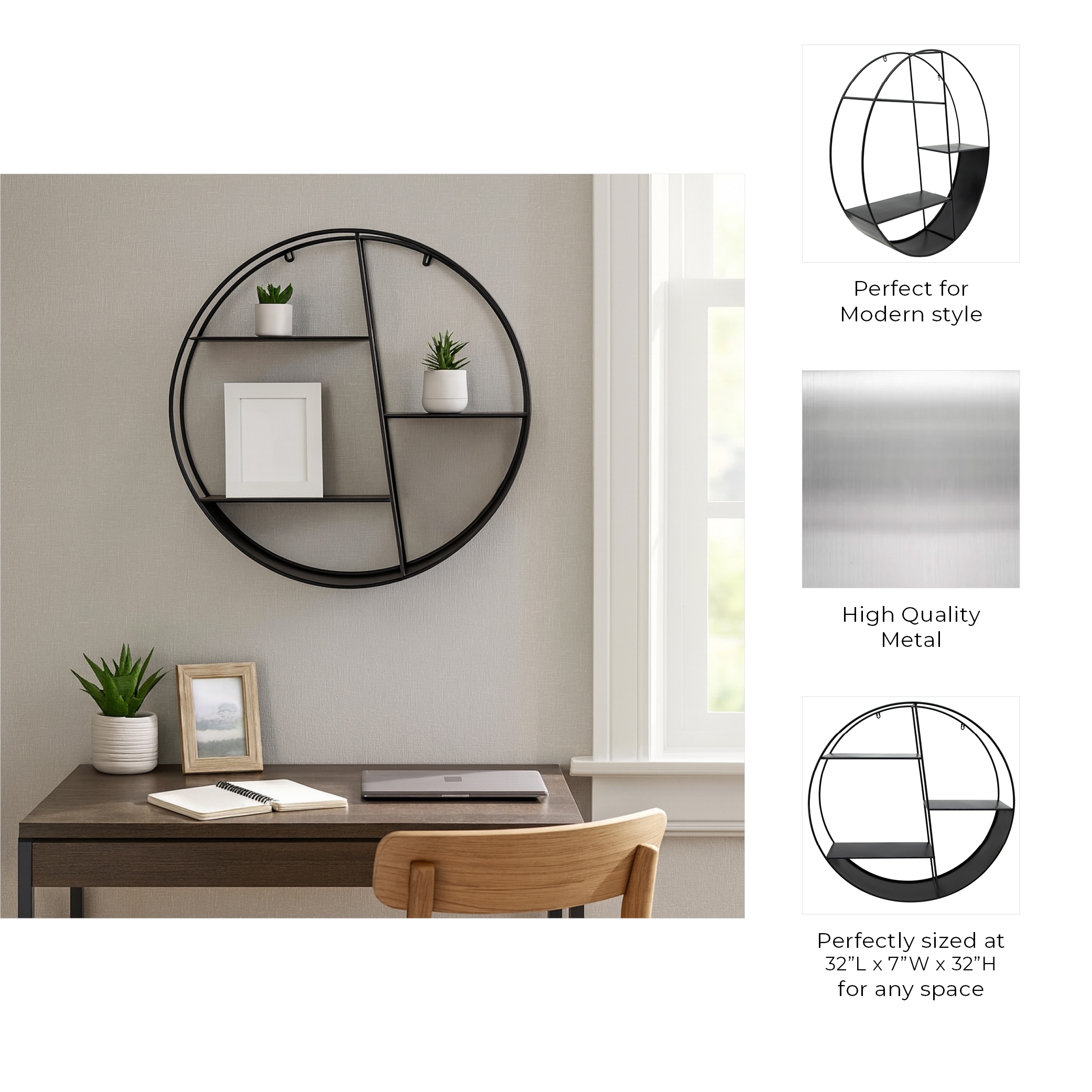 Circle Frame Shelfスペースエイジ モダン Metal Round Frame and Tiered Open Wall Shelf - Black, 32