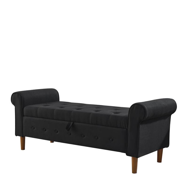 62" Bedroom Tufted Button Storage Bench, Modern Fabric Upholstered Ottoman, Window Bench, Rolled Arm Design for Bedroom