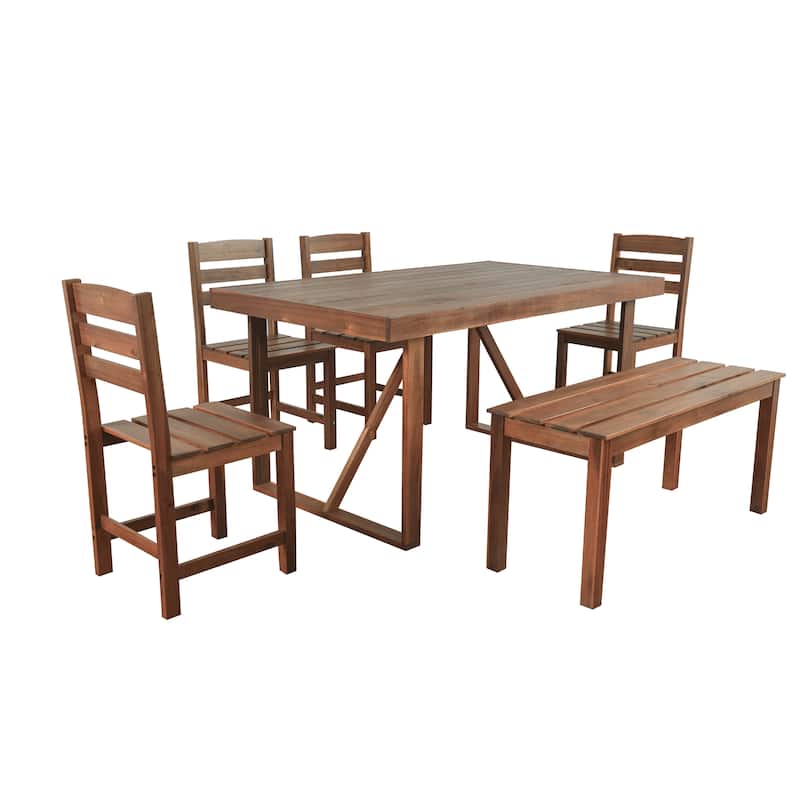 6 Piece Patio Furniture Set, Acacia Wood Outdoor Dining Table and Chairs Set with Rectangular Table, 4 Chairs and Bench