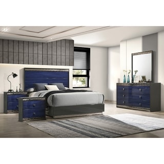 Furniture of America Luzen Glam 5-Piece Two-Tone Blue Wood Queen Platform Bedroom Set