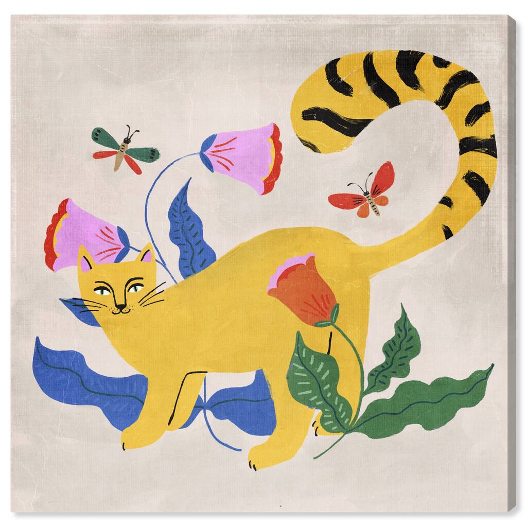 "Blonde Tabby Floral", Kitten Butterfly Garden Modern Yellow Canvas Wall Art Print for Bedroom