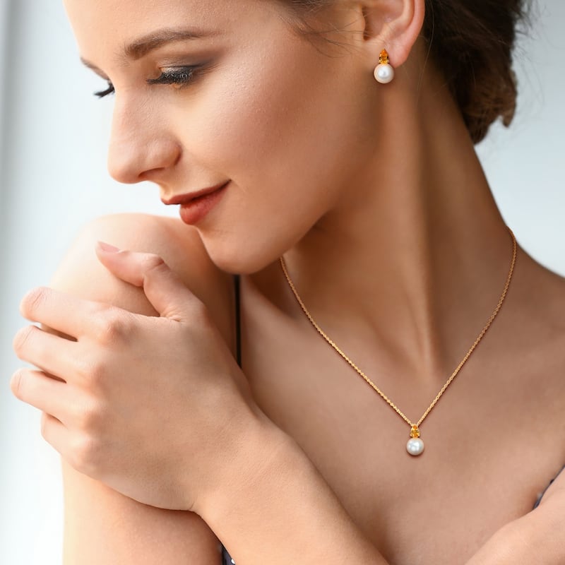 Miadora Cultured Freshwater Pearl 1 1/6ct TGW Citrine Pendant Chain Earrings Set Yellow Silver