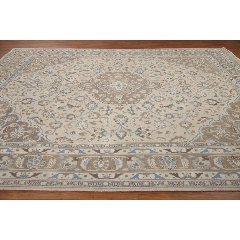 Hand Knotted Oriental 100% Wool Carpet Traditional Floral Beige & Ivories Tabriz Area Rug - 12' 8'' X 9' 8''