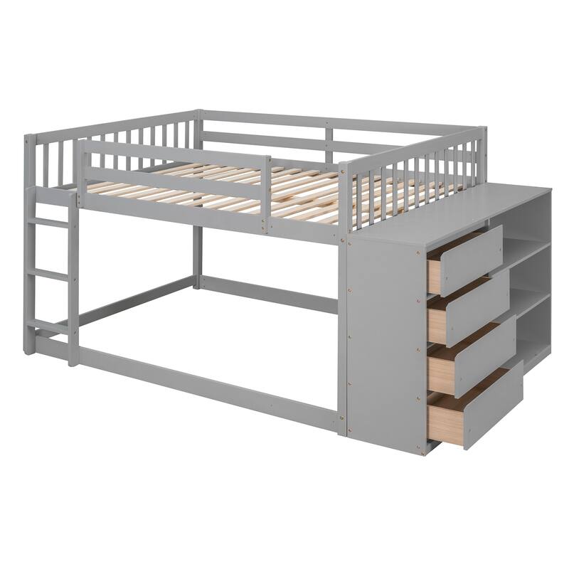 Floor Bunk Bed with Movable Storage Cabinet, Solid Wood Bunkbeds Frame