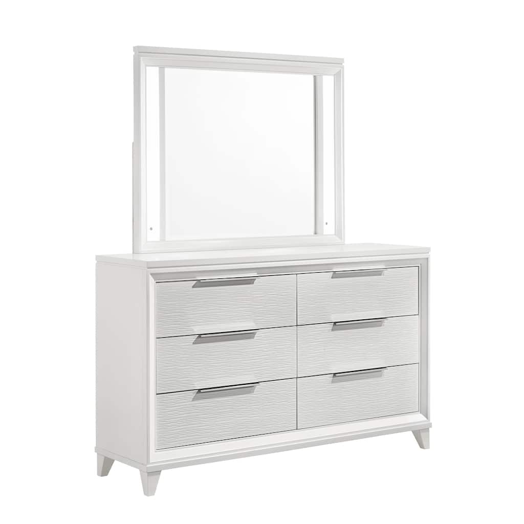 Ressy Wide Dresser and LED Mirror with 6 Drawers, White Wood