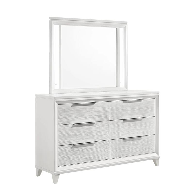 Ressy Wide Dresser and LED Mirror with 6 Drawers, White Wood
