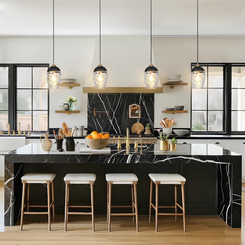Modern Contemporary Black Gold Hammered Glass Kitchen Island Pendant Light for Dining Room
