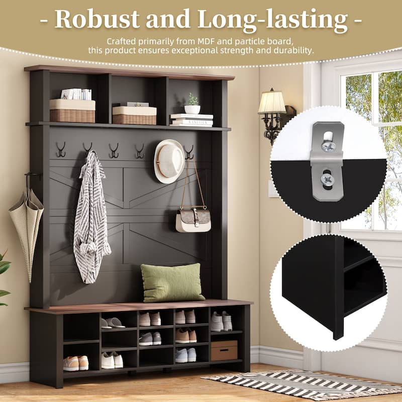 Farmhouse 4-in-1 Hall Tree with 6 Hooks, Entryway Bench with Shelves, Wooden Style Shoe Organizer with 16 Open Compartments