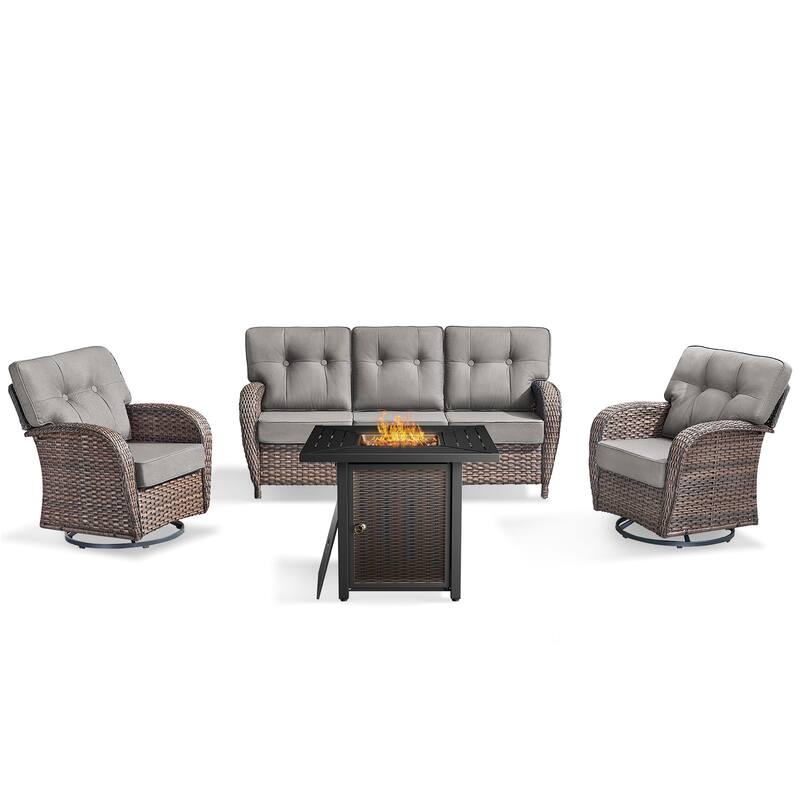 Pocassy Outdoor 30 In Fire Table with Sofa Swivel Chair Set