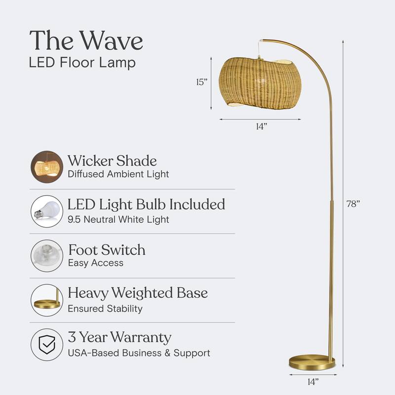 Brightech Wave 81 in. Mid-Century Modern LED Super Bright Floor Lamp with Beige Bamboo Drum Shade