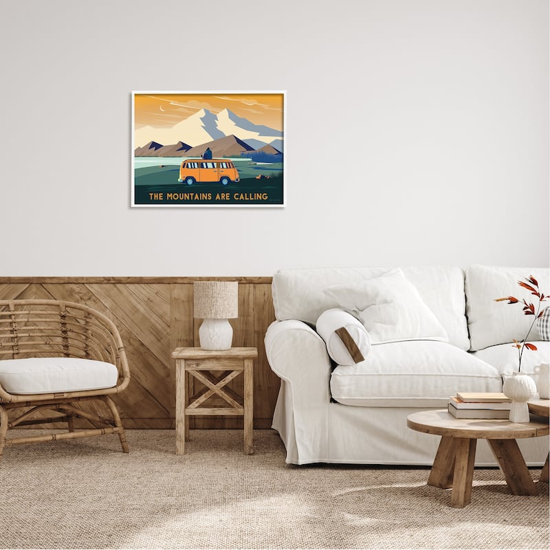 Stupell Mountains Are Calling Bold Orange Van Travel Explore Quote Framed Wall Art