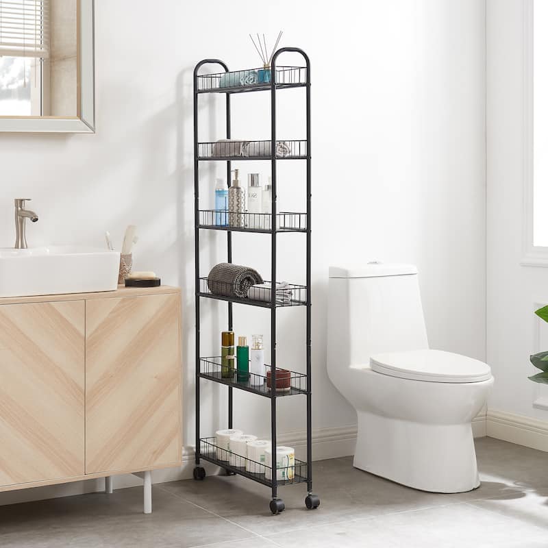 6-Tier Rolling Cart Gap Kitchen Slim Slide Out Storage Tower Rack with Wheels,6 Baskets,Laundry Narrow Piaces Utility cart - Black