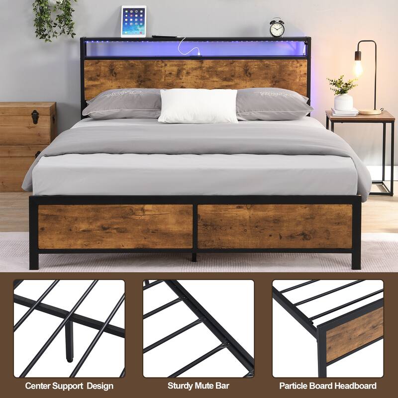 Modern Industrial Noise Free Platform Bed Frame with 2 USB Ports, LED