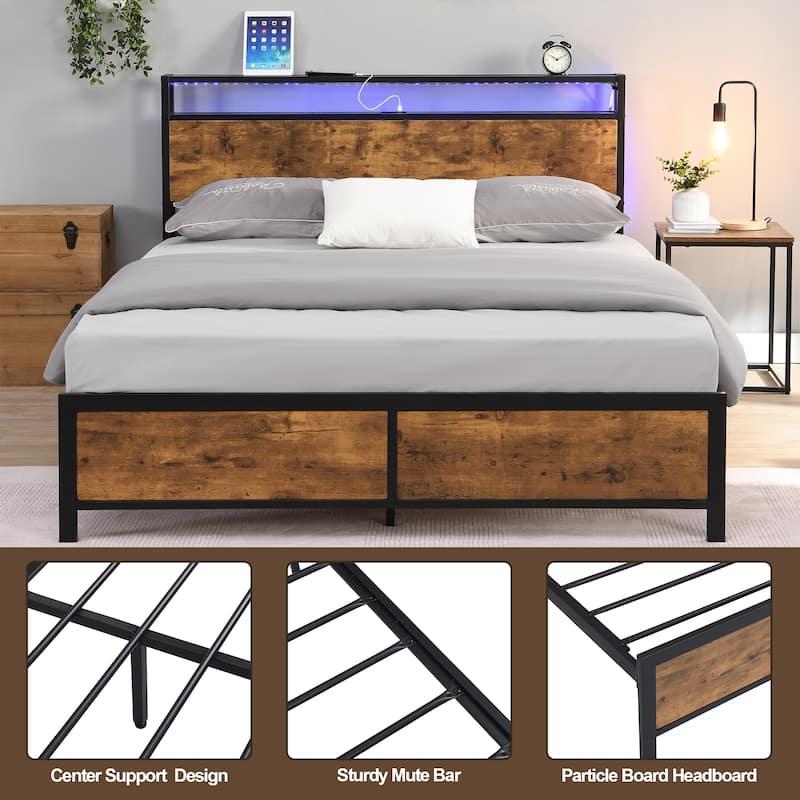 Noise Free Metal/Wood Platform Bed Frame with 2 USB Ports, Modern Industrial LED Lights Headboard Bed Frame with Shelf
