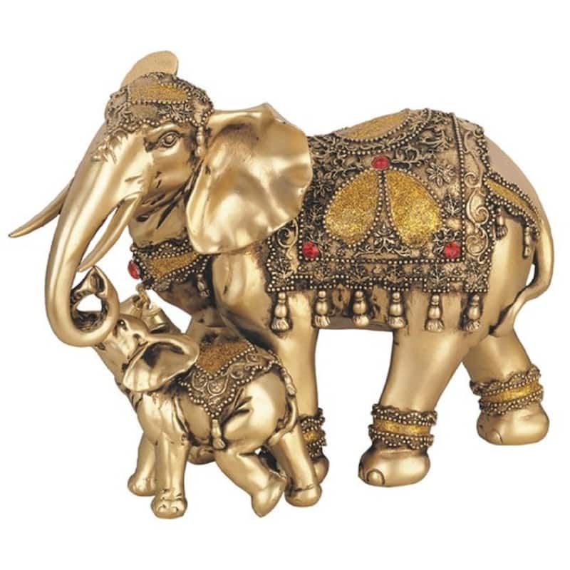 Q-Max 6.5"H Brass Thai Elephant with Calf Statue Feng Shui Decoration Religious Figurine