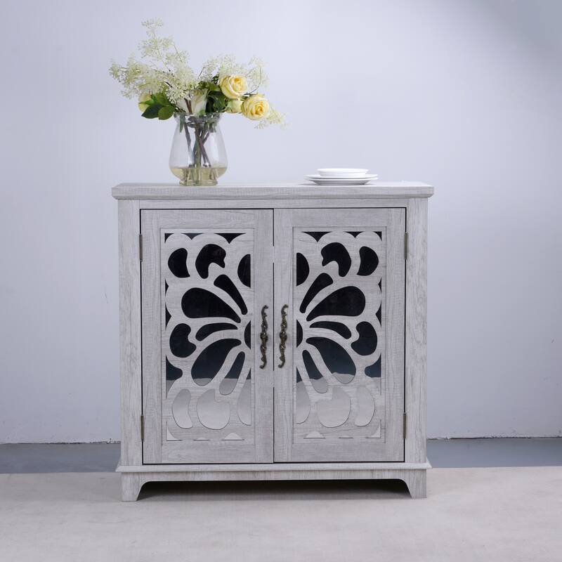 Elegant sideboard with 2 acrylic mirrored doors Sideboard and Buffet with Storage, Hollow-Carved Accent Cabinet