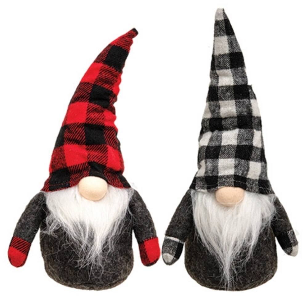 Grey Red Black Sitting Checkered Gnome Decoration with Plaid Hat and Weighted Base, 2 Asstd. - 3 D x 5.5 W x 10 H in