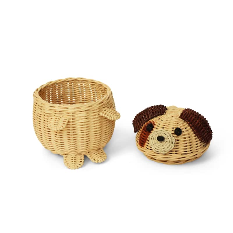 Dog Rattan Storage Basket with Lid Decorative Home Decor Hand Woven Shelf Organizer Cute Handmade Handcrafted Gift Artwork