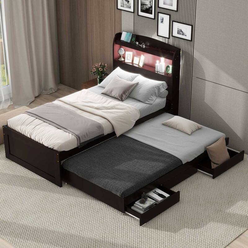 Twin XL Size Platform Bed w/Twin Size Trundle and 2 Drawers,LED Headboard,Charging Station - Dark Brown