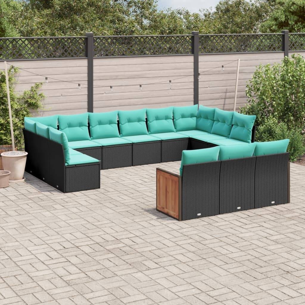 vidaXL 13 Piece Patio Sofa Set with Cushions Black Poly Rattan